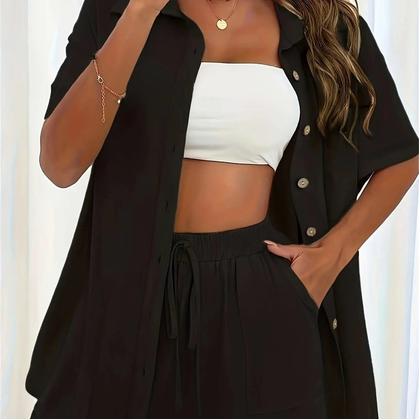 Mira – Casual Button-Up Shirt & Drawstring Shorts Set - Divine Beauty