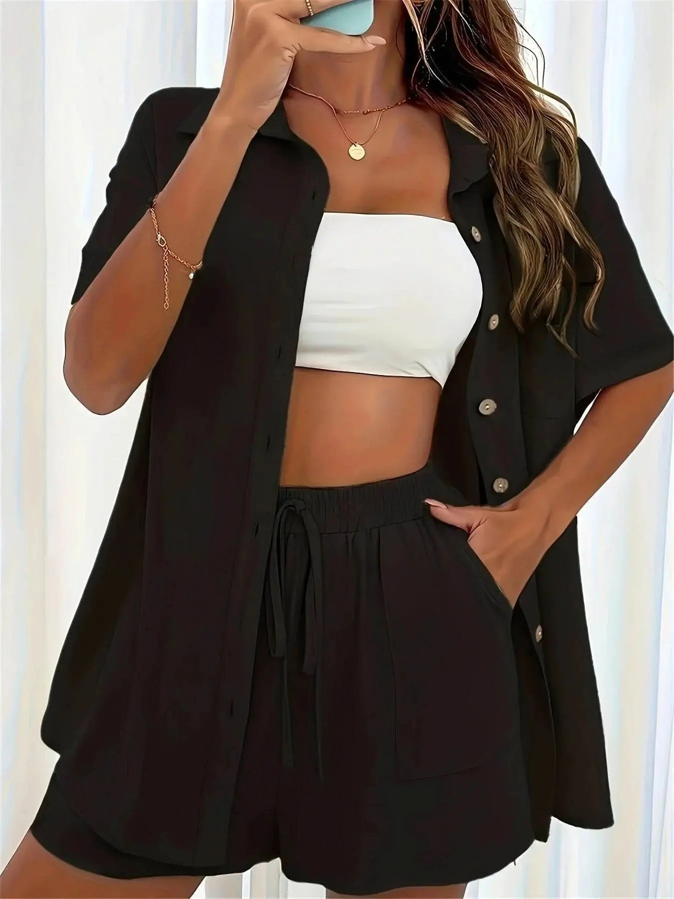 Mira – Casual Button-Up Shirt & Drawstring Shorts Set - Divine Beauty
