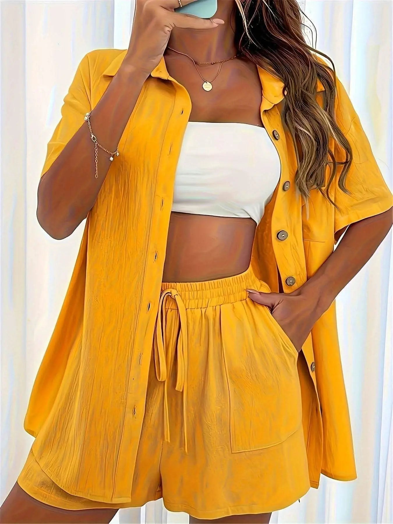 Mira – Casual Button-Up Shirt & Drawstring Shorts Set - Divine Beauty