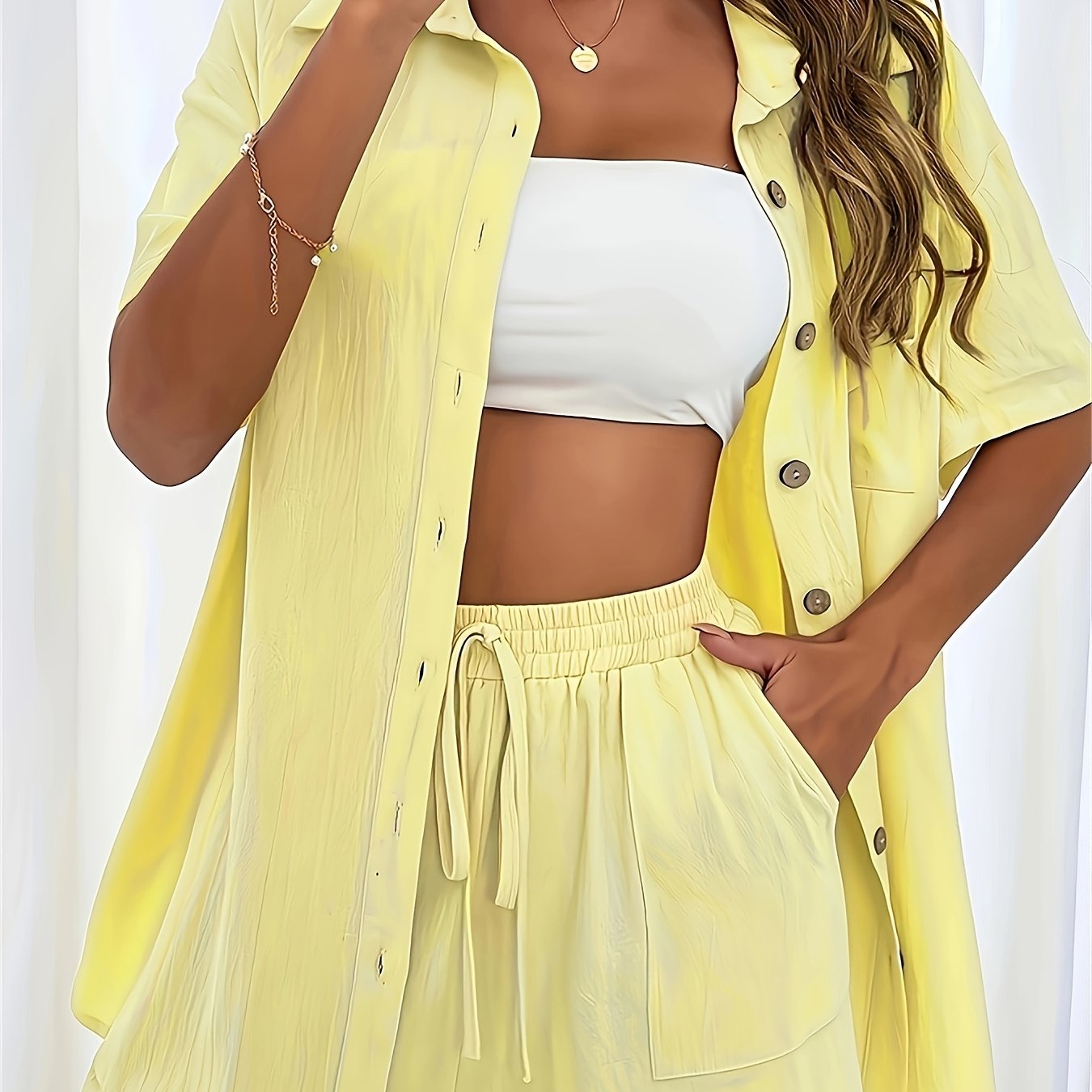 Mira – Set van casual overhemd met knoopjes en korte broek met trekkoord