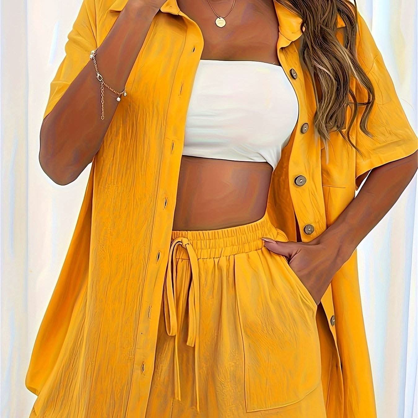 Mira – Casual Button-Up Shirt & Drawstring Shorts Set - Divine Beauty