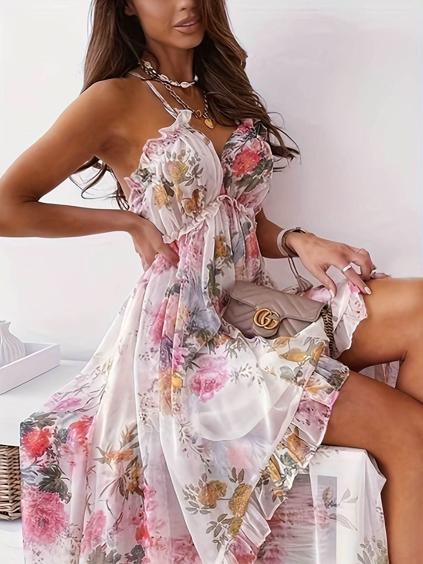Elara – Floral Chiffon A-Line Dress - Divine Beauty