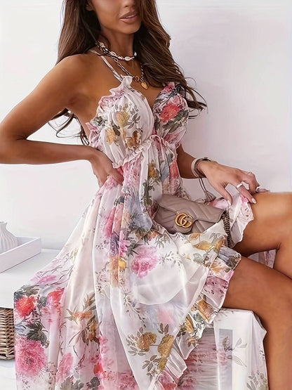 Elara – Floral Chiffon A-Line Dress - Divine Beauty
