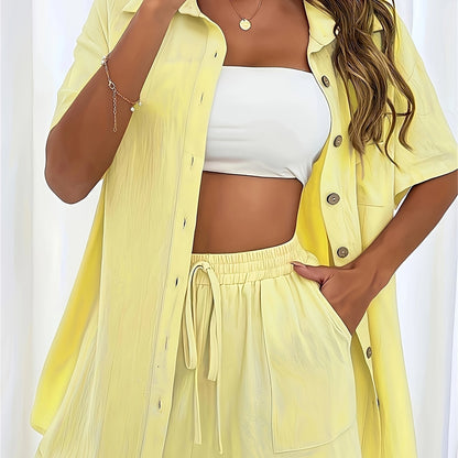 Mira – Set van casual overhemd met knoopjes en korte broek met trekkoord 