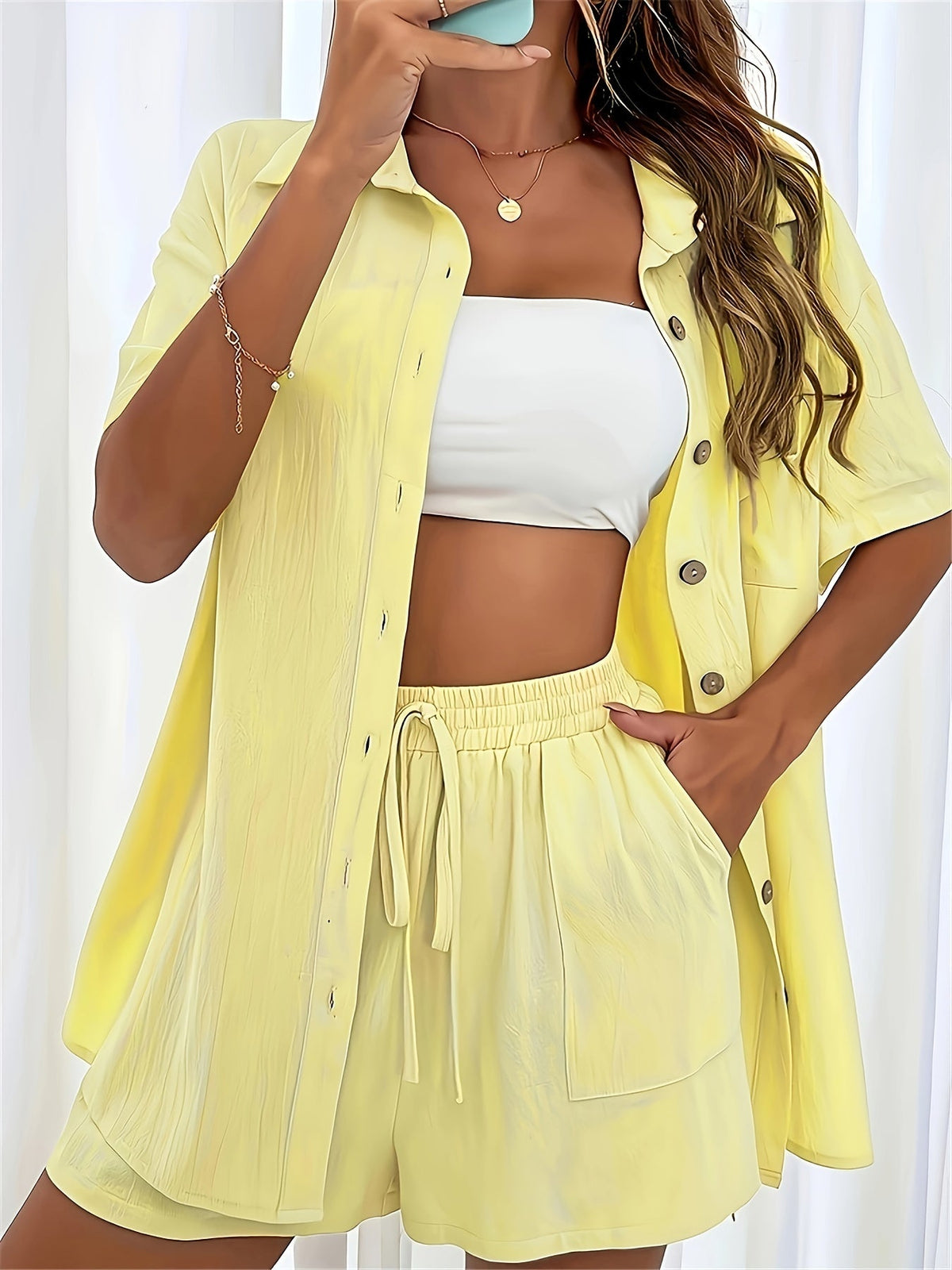 Mira – Casual Button-Up Shirt & Drawstring Shorts Set
